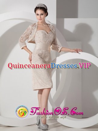 Mililani Hawaii/HI Champagne Column Sweetheart Mini-length Satin Belt and LaceQuinceanera DamaDress with Matching Jacket