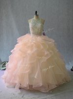 Peach Halter Top Neckline Beading and Ruffles Sweet 16 Dress Sleeveless Backless