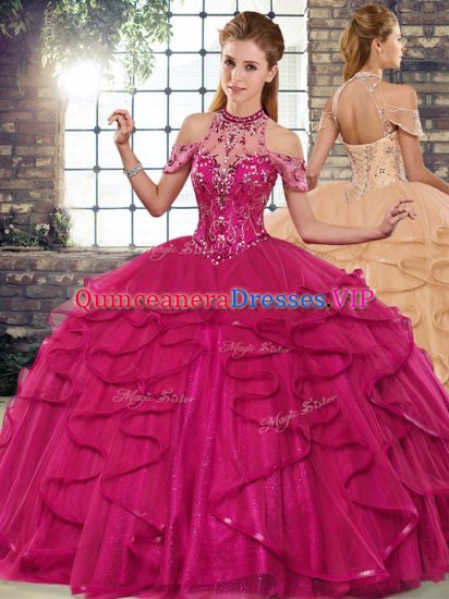 Fashion Fuchsia Sleeveless Beading and Ruffles Floor Length Quinceanera Gowns - Click Image to Close