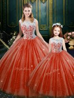 Elegant Orange Red Tulle Zipper Sweet 16 Quinceanera Dress Sleeveless Floor Length Lace