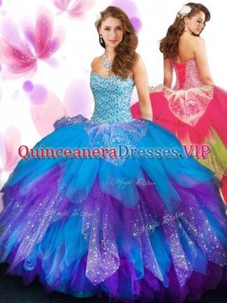 Fancy Multi-color Lace Up Quinceanera Gowns Beading and Ruffled Layers Sleeveless Floor Length