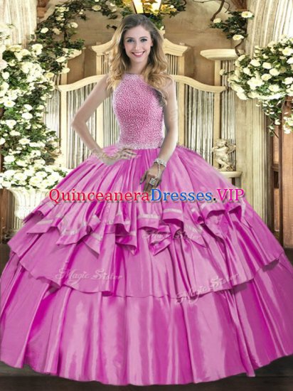 High End Organza and Taffeta High-neck Sleeveless Lace Up Beading and Ruffled Layers Quinceanera Dress in Lilac - Click Image to Close