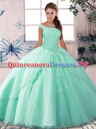 Ball Gowns Sleeveless Apple Green Ball Gown Prom Dress Brush Train Lace Up