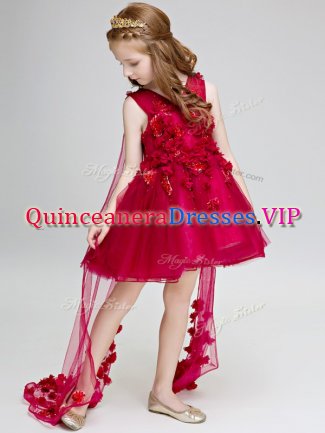 Eye-catching Wine Red Lace Up V-neck Hand Made Flower Evening Gowns Tulle Sleeveless Watteau Train