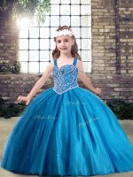 Blue Ball Gowns Tulle Straps Sleeveless Beading Floor Length Lace Up Pageant Gowns