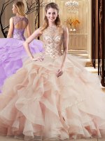 Designer Scoop Peach Ball Gowns Beading and Ruffles Ball Gown Prom Dress Lace Up Tulle Sleeveless