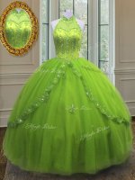 Eye-catching Yellow Green Lace Up High-neck Beading and Appliques Sweet 16 Dress Tulle Sleeveless(SKU PSSW021-6BIZ)