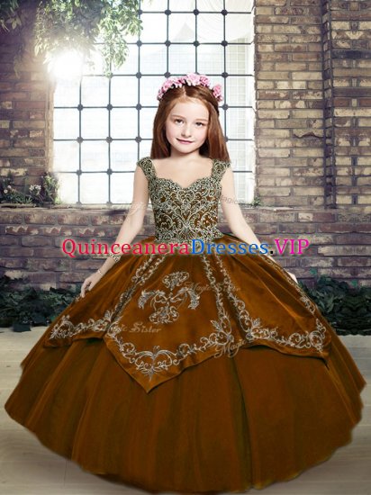 Beading and Embroidery High School Pageant Dress Brown Lace Up Sleeveless Floor Length - Click Image to Close