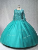 Dramatic Turquoise Tulle Lace Up Scoop Long Sleeves Floor Length Quinceanera Gowns Beading