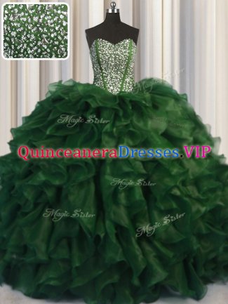 Visible Boning Bling-bling With Train Ball Gowns Sleeveless Green Sweet 16 Dresses Brush Train Lace Up