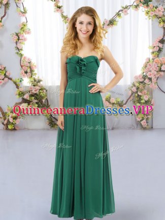 Dark Green Empire Chiffon Sweetheart Sleeveless Ruffles Floor Length Lace Up Quinceanera Court of Honor Dress