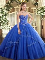 Spectacular Sweetheart Sleeveless Quinceanera Dresses Brush Train Appliques and Embroidery Blue Tulle