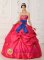 Ravenglass Cumbria Coral Red Strapless For Quinceanera Dress With Beading Appliques and blue Bowknot