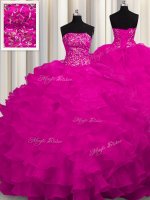 Flirting Strapless Sleeveless Organza Quinceanera Gowns Beading and Ruffles Sweep Train Lace Up