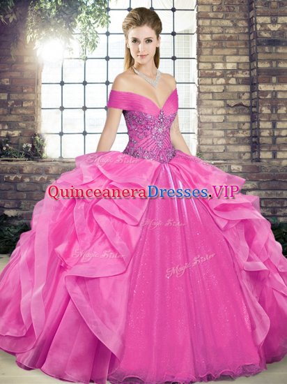 Top Selling Rose Pink Sleeveless Floor Length Beading and Ruffles Lace Up Ball Gown Prom Dress - Click Image to Close