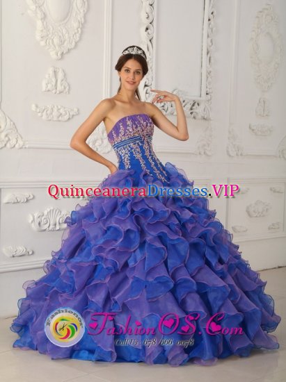 Burgos Spain Wholesale beautiful Royal Blue and Purple Ruffles Appliques Decaorate Bust Quinceanera Gowns For Sweet 16 - Click Image to Close