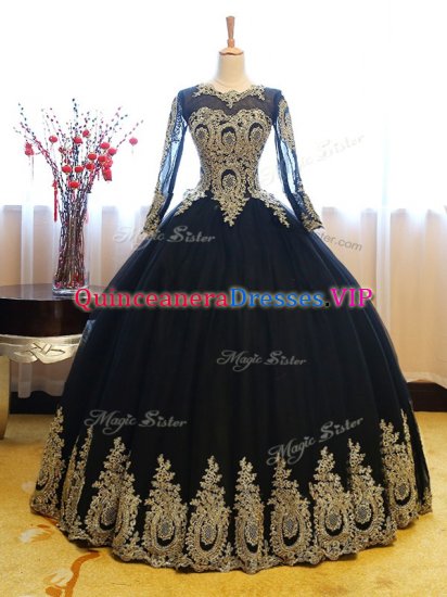 Luxury Scoop Long Sleeves 15 Quinceanera Dress Floor Length Appliques Navy Blue Organza - Click Image to Close