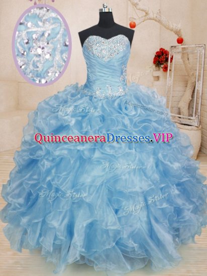 Attractive Blue Ball Gowns Beading and Ruffles Sweet 16 Quinceanera Dress Lace Up Organza Sleeveless Floor Length - Click Image to Close