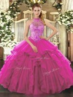 Fuchsia Lace Up Halter Top Beading and Ruffles Quinceanera Dresses Organza Sleeveless(SKU SJQDDT1147002-2BIZ)