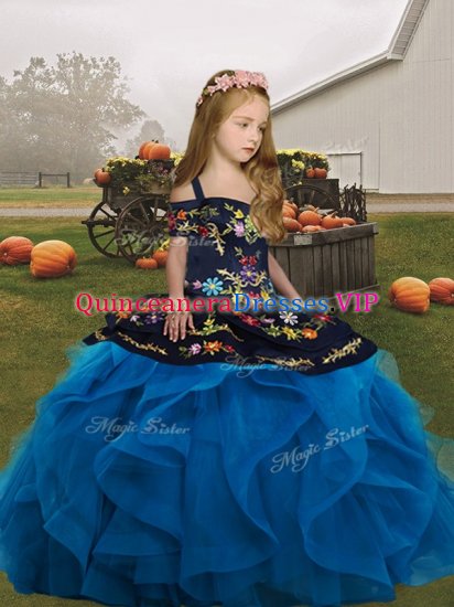 Blue Tulle Lace Up Little Girls Pageant Dress Sleeveless Floor Length Embroidery and Ruffles - Click Image to Close