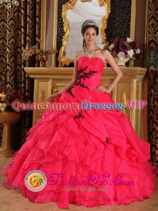 Beautiful Appliques Decorate Bodice Red Quinceanera Dress Sweetheart Floor-length Organza ruffles Ball Gown in Mount Vernon Virginia/VA
