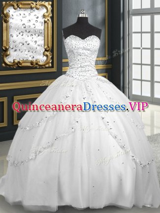 With Train White Sweet 16 Quinceanera Dress Tulle Brush Train Sleeveless Beading and Appliques