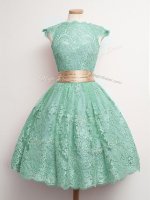 Belt Quinceanera Court Dresses Turquoise Lace Up Cap Sleeves Knee Length