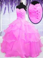 Organza Sweetheart Sleeveless Lace Up Beading and Ruffled Layers Quinceanera Gowns in Hot Pink