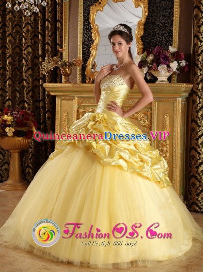 Hillcrest South Africa Custom Made Modest Beaded Decorate Yellow Quinceanera Dress With Hand Made Flowers And Pick-ups - Click Image to Close