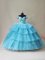 High Quality Aqua Blue Ball Gowns Off The Shoulder Sleeveless Organza and Tulle Floor Length Lace Up Beading and Ruffled Layers Vestidos de Quinceanera