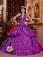 St. Blazey Cornwall Halter Top Remarkable Eggplant Purple Pick-ups Brand New Quinceanera Gowns With Taffeta Appliques(SKU QDZY633y-6BIZ)