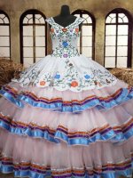 Super Straps White Lace Up Sweet 16 Dress Embroidery and Ruffled Layers Sleeveless Floor Length