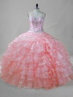 Halter Top Sleeveless Organza Quince Ball Gowns Beading and Ruffled Layers Lace Up