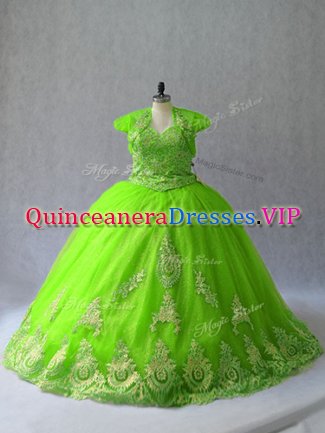 Ball Gowns Sweetheart Sleeveless Tulle Court Train Lace Up Appliques Vestidos de Quinceanera
