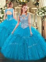 Superior Sleeveless Tulle Floor Length Lace Up 15 Quinceanera Dress in Blue with Beading and Ruffles(SKU SJQDDT997002BIZ)