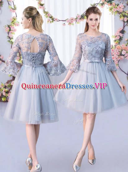 Lovely 3 4 Length Sleeve Lace Up Knee Length Lace and Belt Court Dresses for Sweet 16 - Click Image to Close