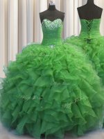 Smart Beaded Bust Green Organza Lace Up Quinceanera Dress Sleeveless Floor Length Beading and Ruffles