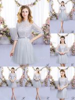 Classical Half Sleeves Mini Length Lace and Belt Zipper Quinceanera Dama Dress with Grey(SKU BMT0396BIZ)