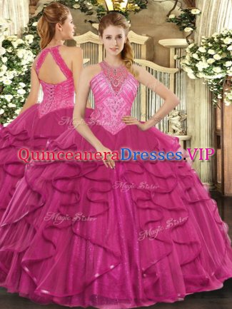 Chic Hot Pink High-neck Lace Up Beading and Ruffles Sweet 16 Quinceanera Dress Sleeveless