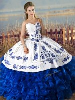 Comfortable Floor Length Blue And White 15 Quinceanera Dress Organza Sleeveless Embroidery and Ruffles