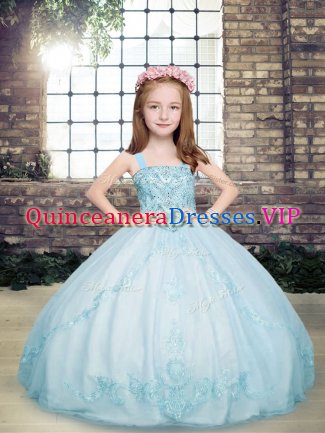 Light Blue Ball Gowns Beading Pageant Gowns For Girls Lace Up Tulle Sleeveless Floor Length