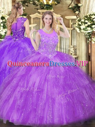 Sleeveless Tulle Floor Length Zipper Vestidos de Quinceanera in Lavender with Beading and Ruffles