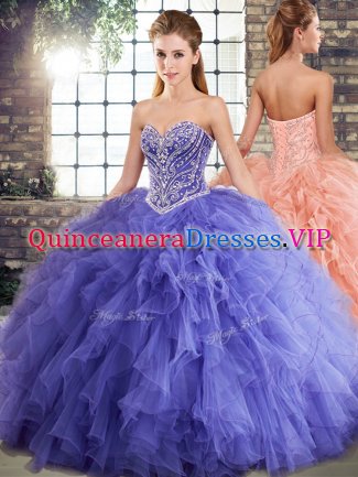 Shining Lavender Sleeveless Floor Length Beading and Ruffles Lace Up Vestidos de Quinceanera