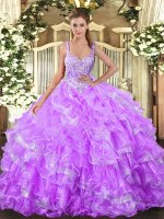 Stunning Floor Length Lilac Quinceanera Gowns Straps Sleeveless Lace Up