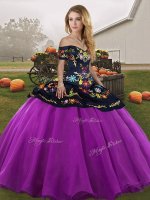 Tulle Off The Shoulder Sleeveless Lace Up Embroidery Quinceanera Gown in Black And Purple(SKU SJQDDT2151002-2BIZ)