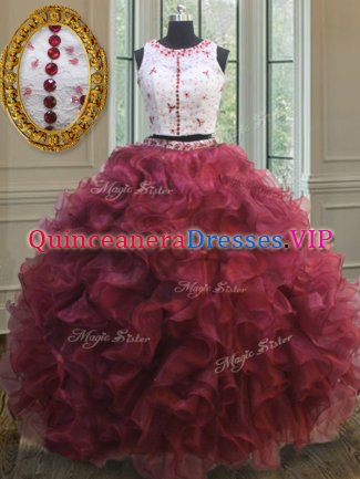 Scoop Red Sleeveless Organza Clasp Handle Sweet 16 Dress for Military Ball and Sweet 16 and Quinceanera