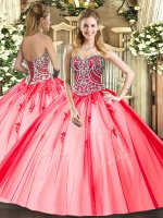 Coral Red Tulle Lace Up Sweetheart Sleeveless Floor Length Sweet 16 Quinceanera Dress Beading and Appliques