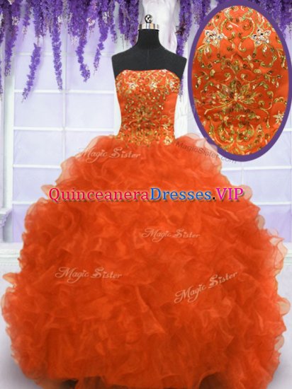 Orange Red Ball Gowns Organza Strapless Sleeveless Beading and Appliques and Ruffles With Train Lace Up Sweet 16 Dresses Brush Train - Click Image to Close