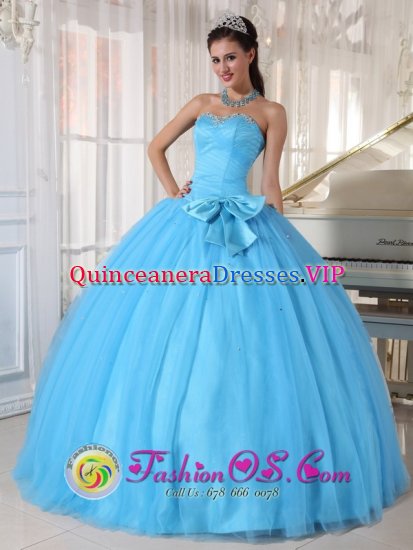 Aqua Blue Quinceanera Dress Sweetheart Tulle Ball Gown with Beading and Bowknot Decorate Ruched Bodice in Cayce South Carolina S/C - Click Image to Close