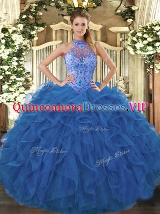 Floor Length Lace Up Quinceanera Gown Blue for Sweet 16 and Quinceanera with Beading and Embroidery and Ruffles